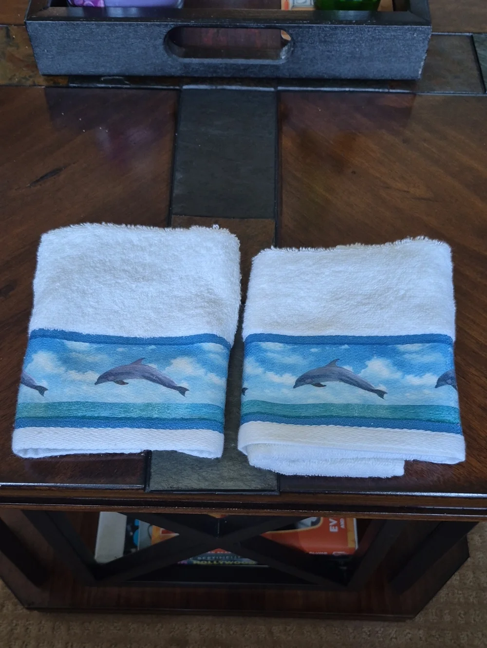 White Dolphin Border Hand Towels - Set Of 2